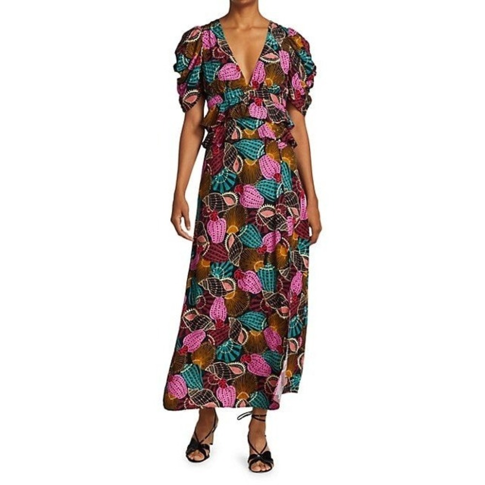 Farm Rio Size XL Shell Mix Midi Dress Multi Color Puff Sleeve Ruffle V-Neck